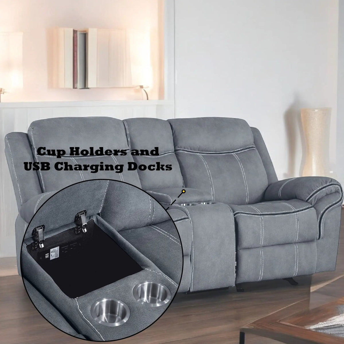 Zubaida Recliner Loveseat | Two-Tone Upholstery | USB Port Console | Glider Motion Reclining