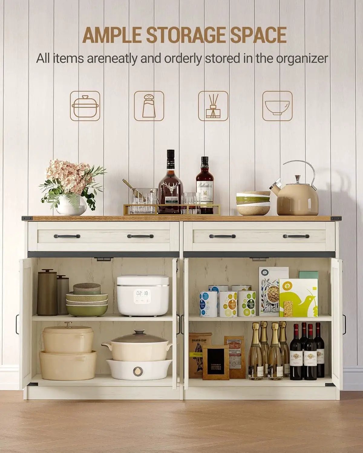 White Brown Farmhouse Buffet Cabinet Adjustable Shelves from PriceLows™