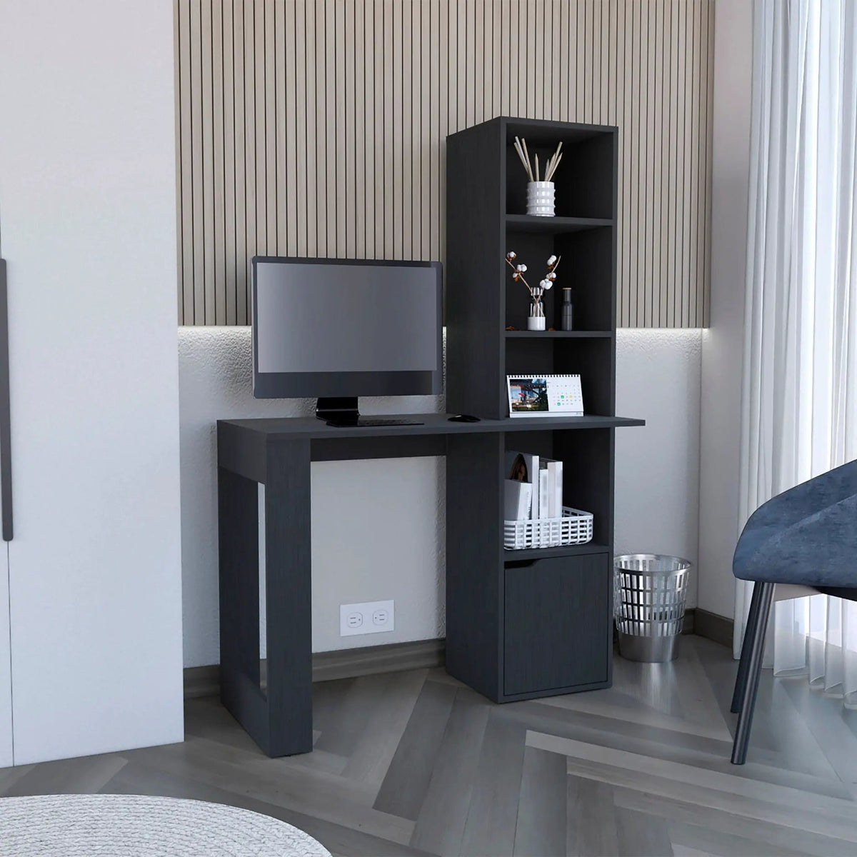 Writing Desk With Bookcase And Cabinet - | 17.8 x 38.8 x 58.3 in | Wood | Black