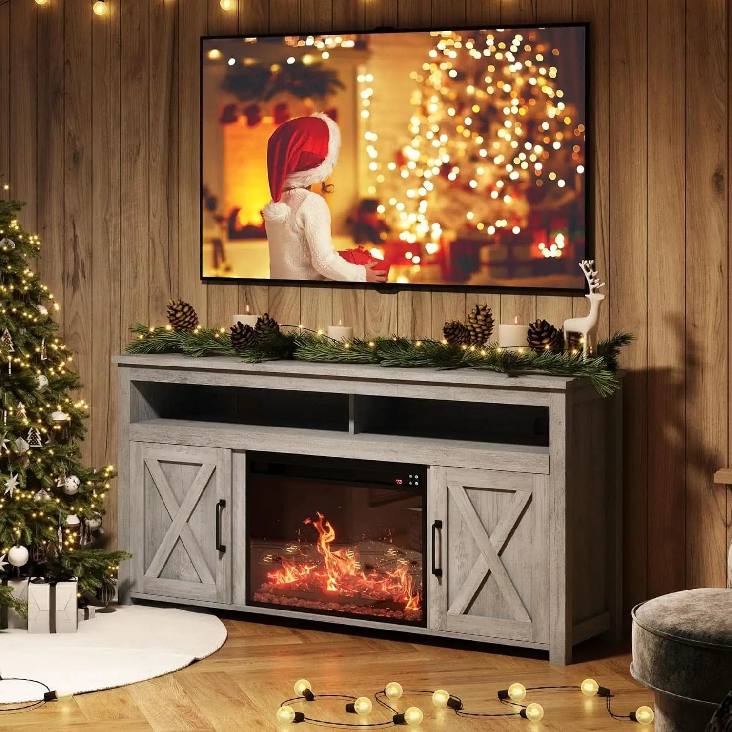 Barn Door Electric Fireplace TV Stand For 65 Inch TVs Gray from PriceLows™