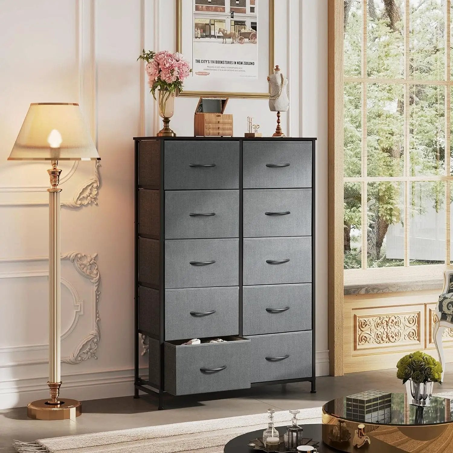 Tall Fabric Dresser With 10 Drawers Dark Grey Metal Frame from PriceLows™