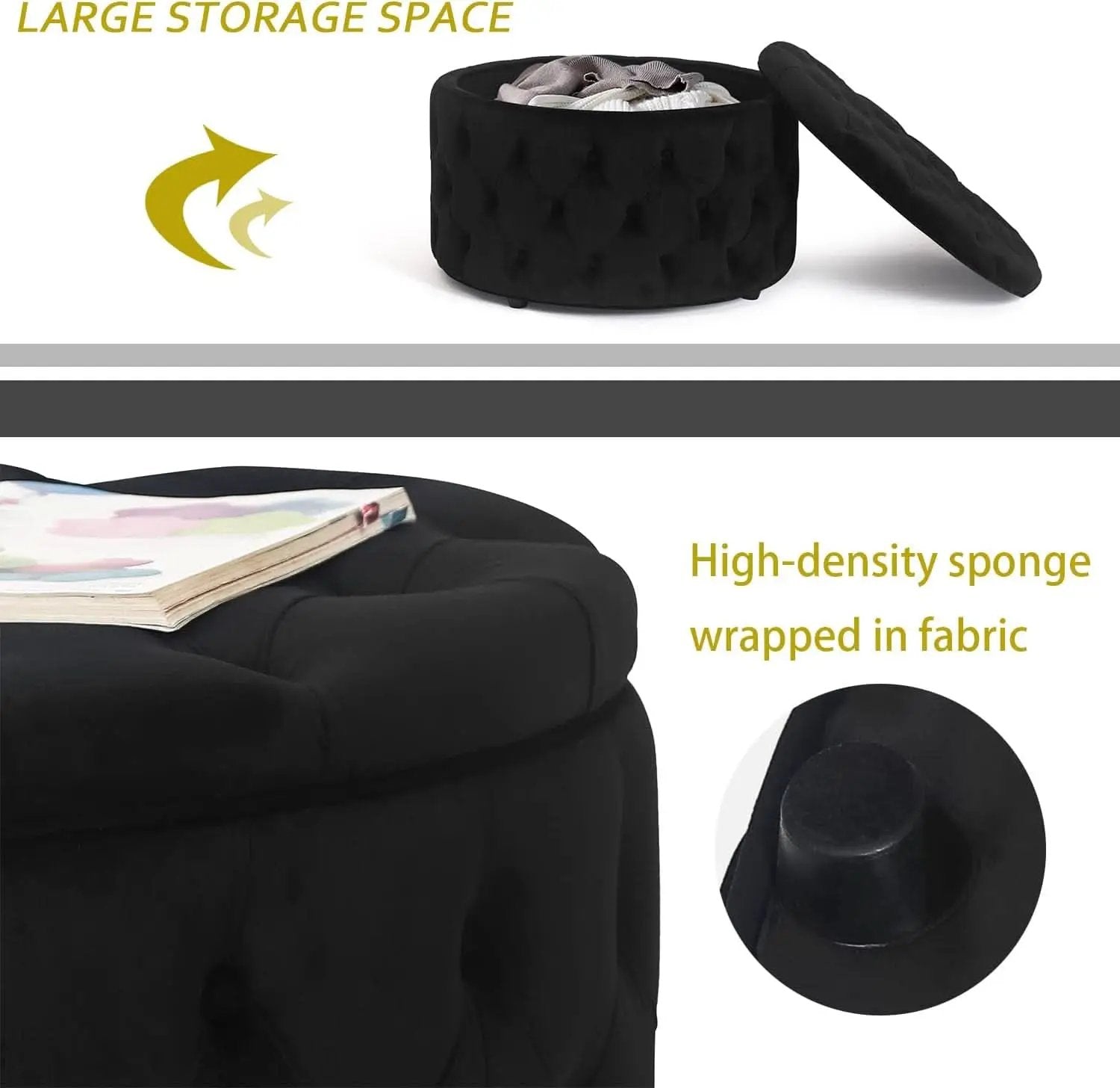 Twenty EightInch Velvety Round Storage Ottoman Black Tufted from PriceLows™