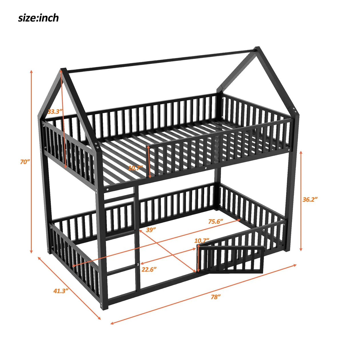 Metal House Bunk Bed | Twin Size | With Fence and Built-In Door