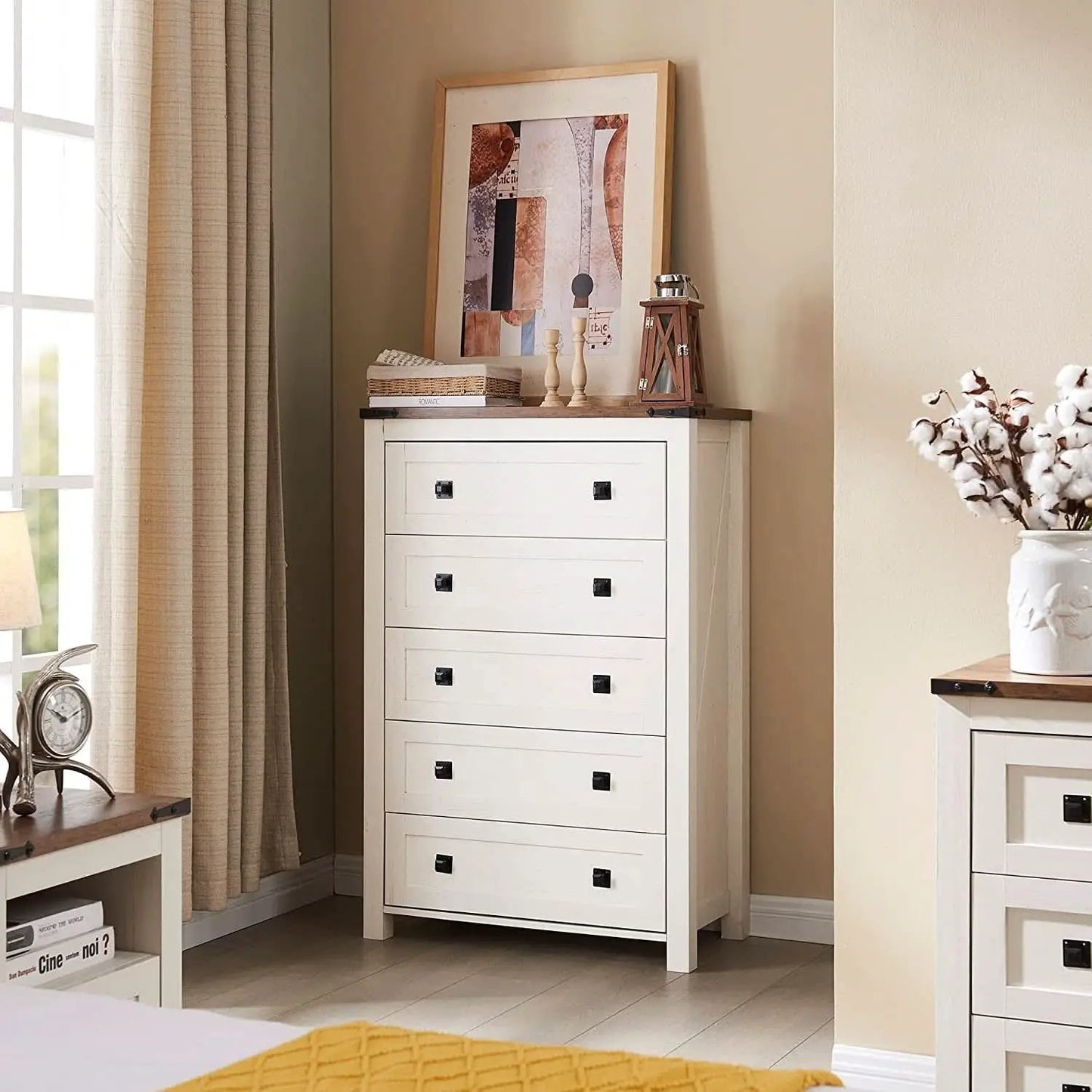 Antique White Rustic 5 Drawer Dresser For Bedroom Storage from PriceLows™