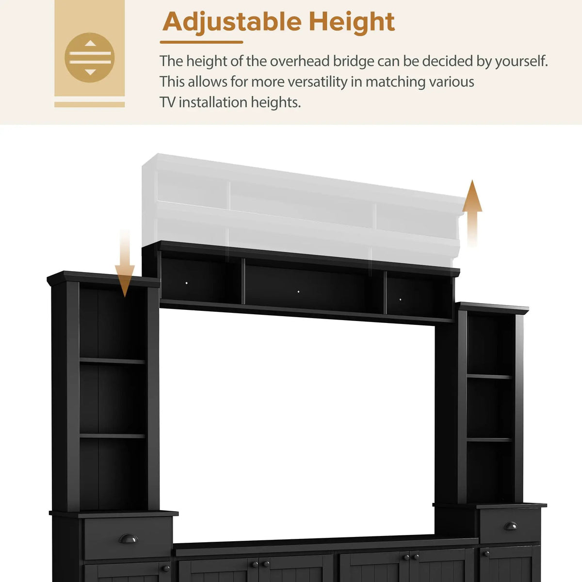 Minimalist Entertainment Wall Unit | Fits TVs Up To 75 Inch | Adjustable Bridge Height | Plank-Inspired Doors