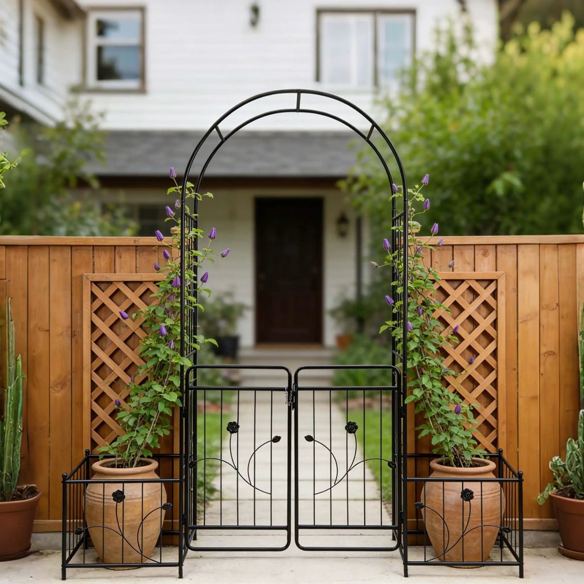 Wide Metal Garden Arch With Gate | Black | 79.5 Inch Width | 86.6 Inch Height