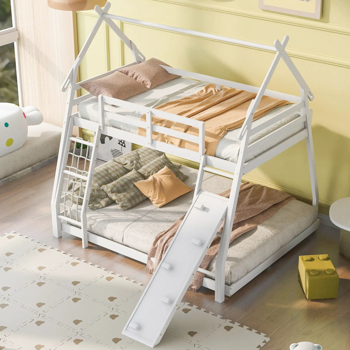 House Bunk Bed | Twin Over Queen | Solid Pine | Climbing Net And Ramp