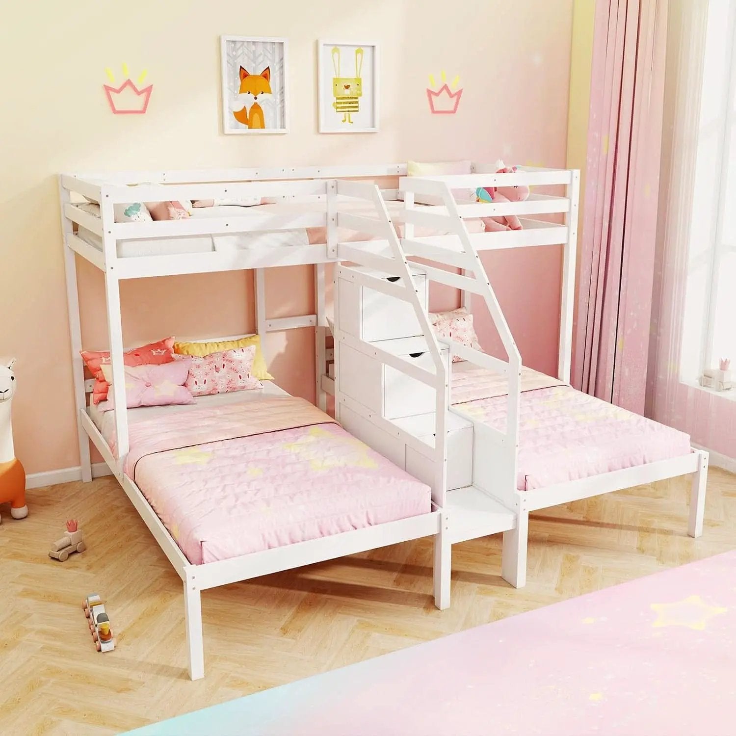 White Solid Wood Triple Bunk Bed With Storage Stair from PriceLows™