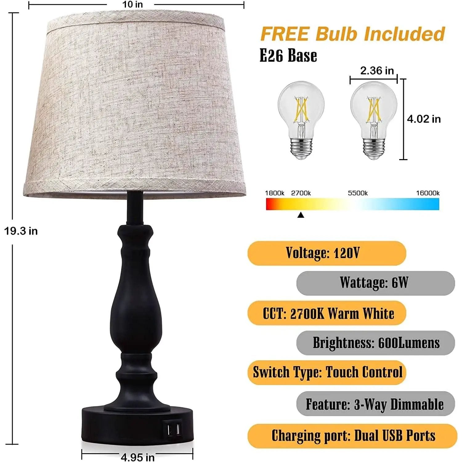 Table Lamps Set of 2 With USB Charging Ports Bedside Modern from PriceLows™