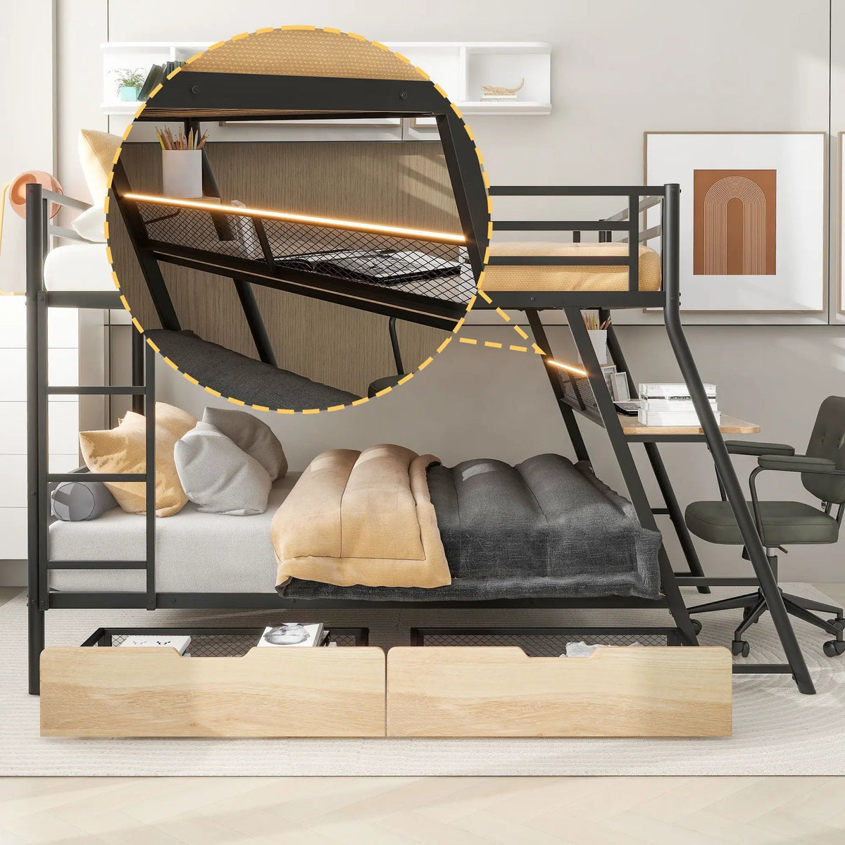 Full Size Bunk Bed | Built In Desk | Integrated Light | Black