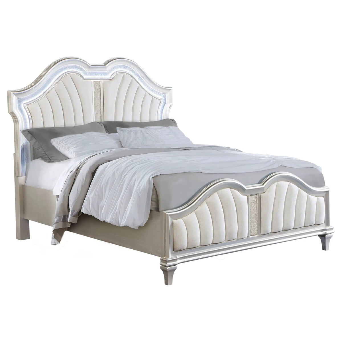 Evangeline Wood Queen LED Panel Bed Silver | 69.75 x 88.25 x 64.25 in | Chenille & Wood | Oak