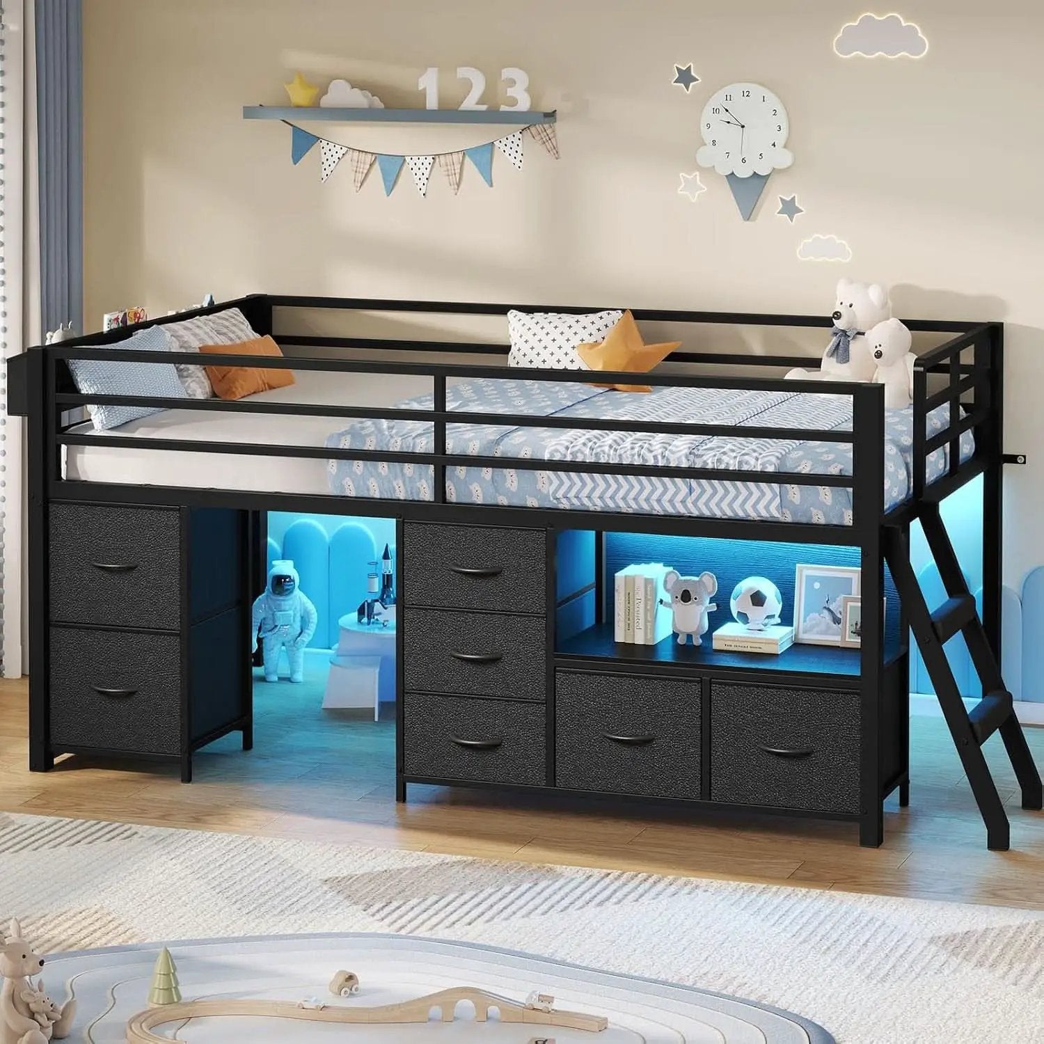 Twin Loft Bed With LED Lights And Storage Drawers Included from PriceLows™