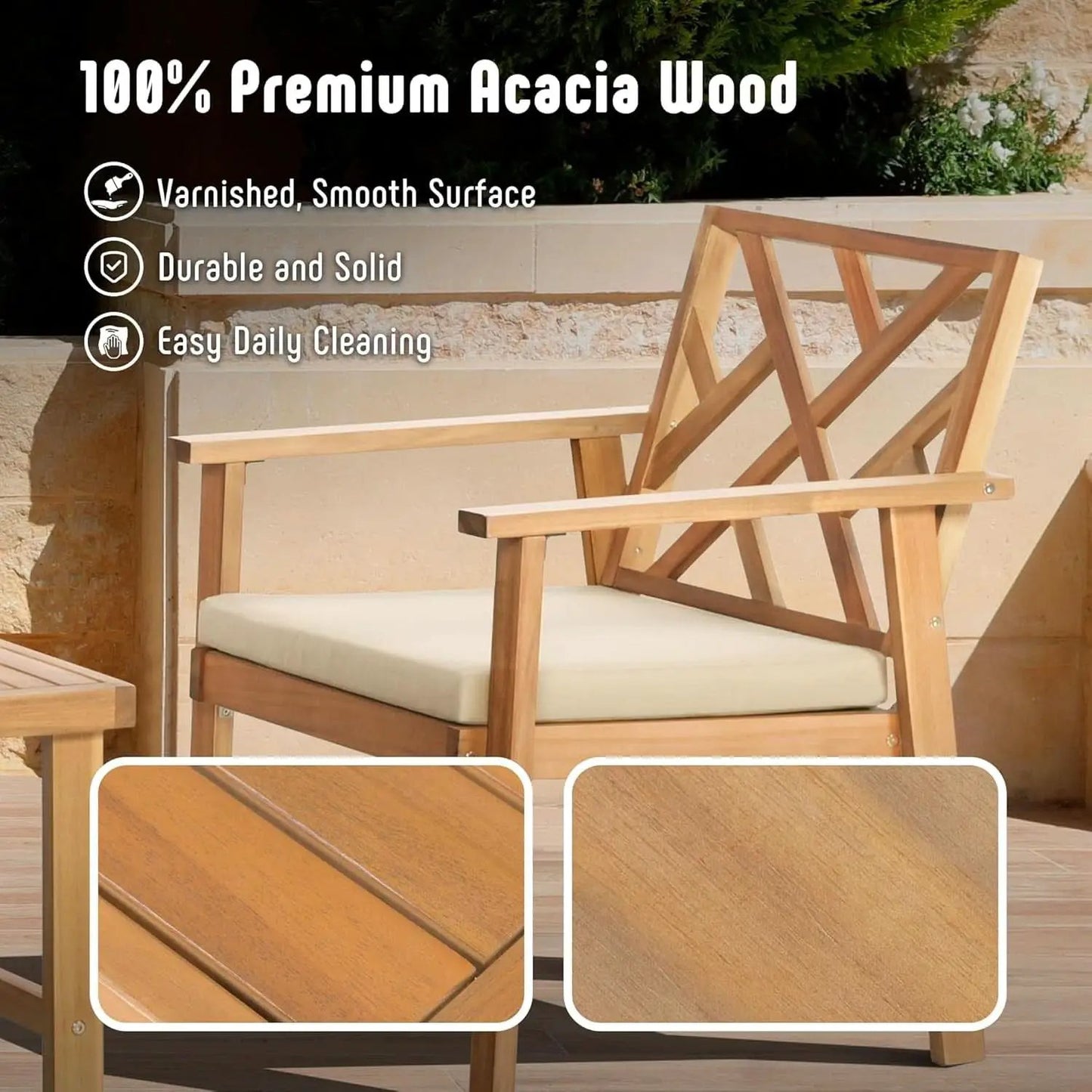 3 Piece Outdoor Patio Furniture Set Acacia Wood Cushioned Chairs And Coffee Table from PriceLows™