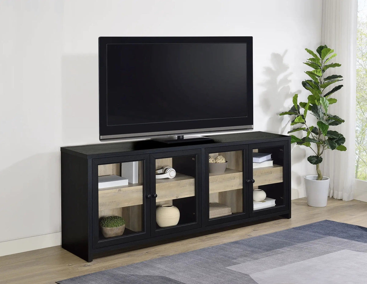 Denison 79-inch 4-door TV Stand Media Console | 79 x 15.5 x 30 in | Engineered Wood & Glass | Black