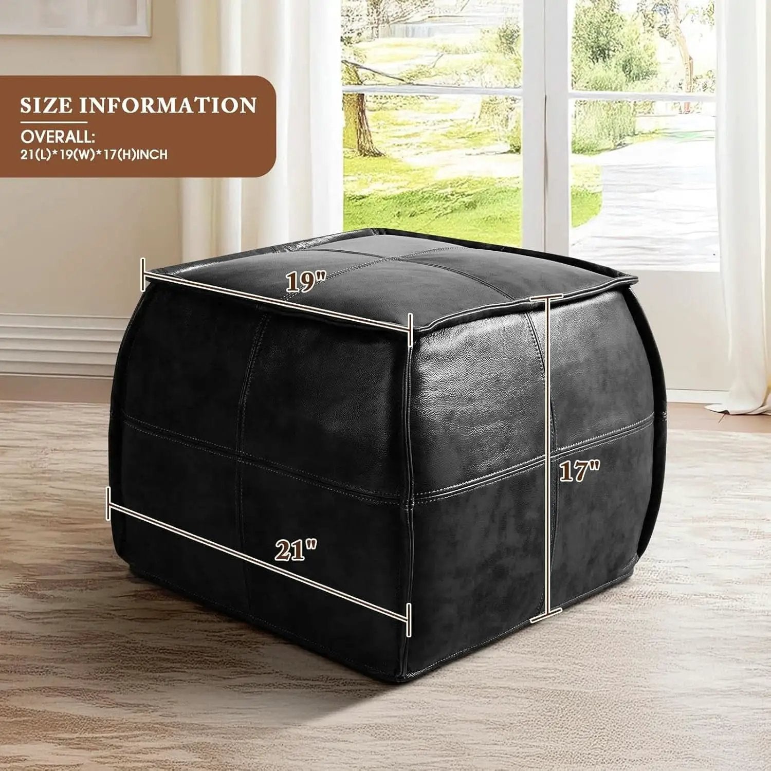 Genuine Full Grain Leather Ottoman Memory Foam Pouf Black from PriceLows™