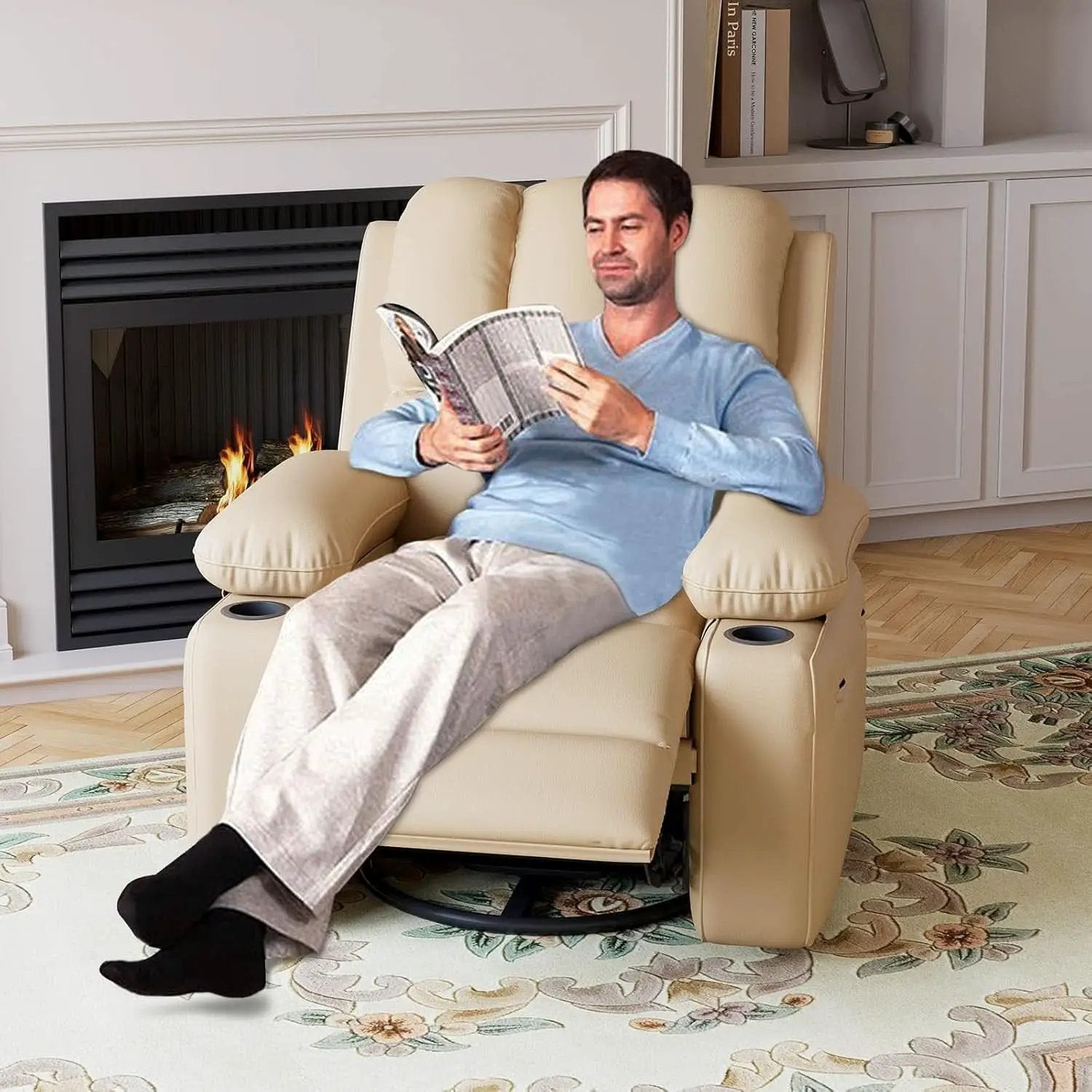 Beige Leather Manual Recliner Chair With Cup Holders from PriceLows™