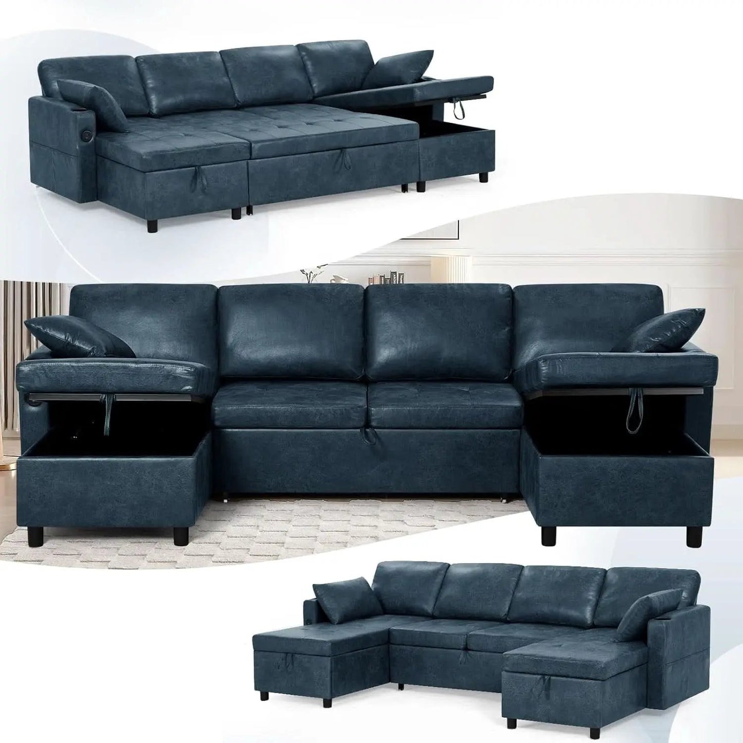 Blue Genuine Suede Leather 110Inch Sectional Sleeper from PriceLows™