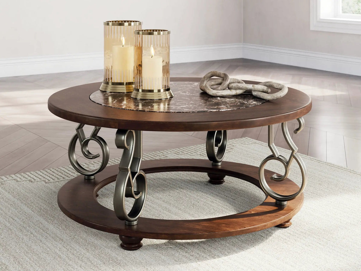 Frallyn Round Cocktail Table | Dark Brown | Faux Marble Laminate Top | 42 Inch Diameter