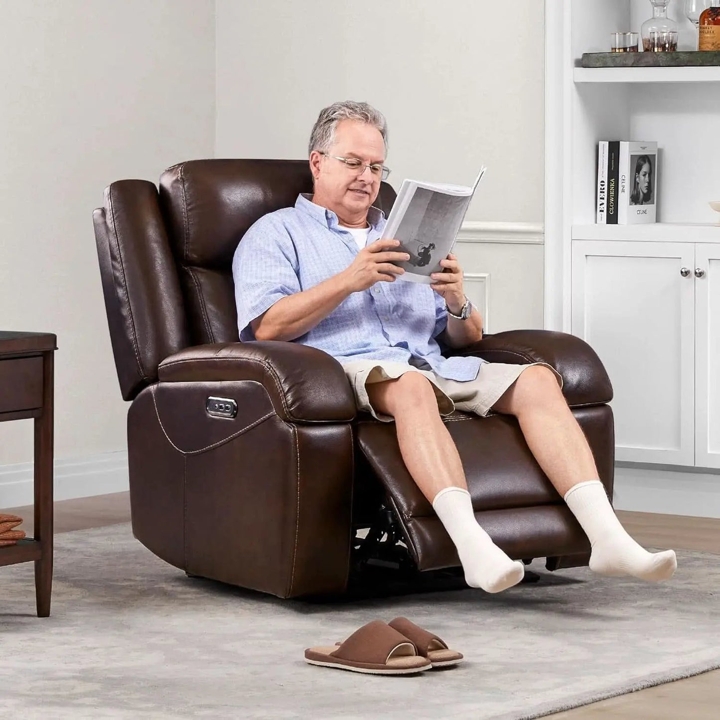 Dark Brown Leather Power Recliner Chair With Power Headrest from PriceLows™