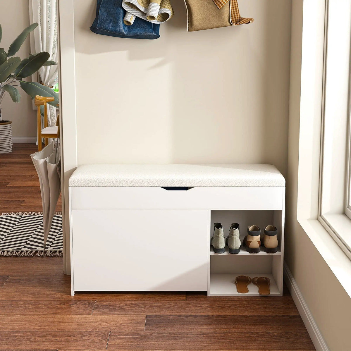 Modern Design Entryway Bench With Adjustable 3 Tier Flip-Up Drawers And Hidden | 39.37 x 11.81 x 20.47 in | 3-Tier | White
