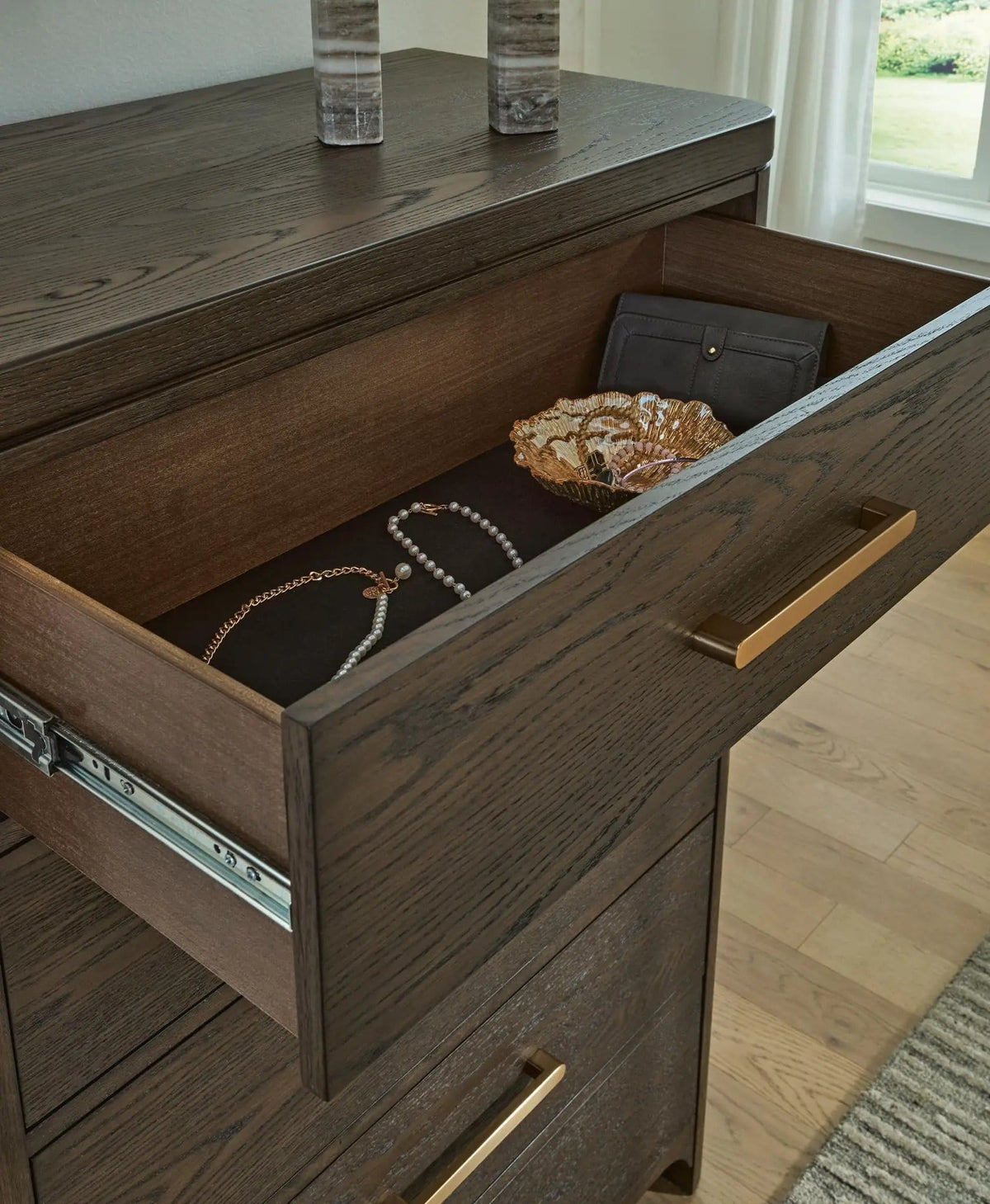 Radkin Five Drawer Chest | 38 x 19.5 x 52.25 in | Oak Veneer & Metal | Burnished Brown