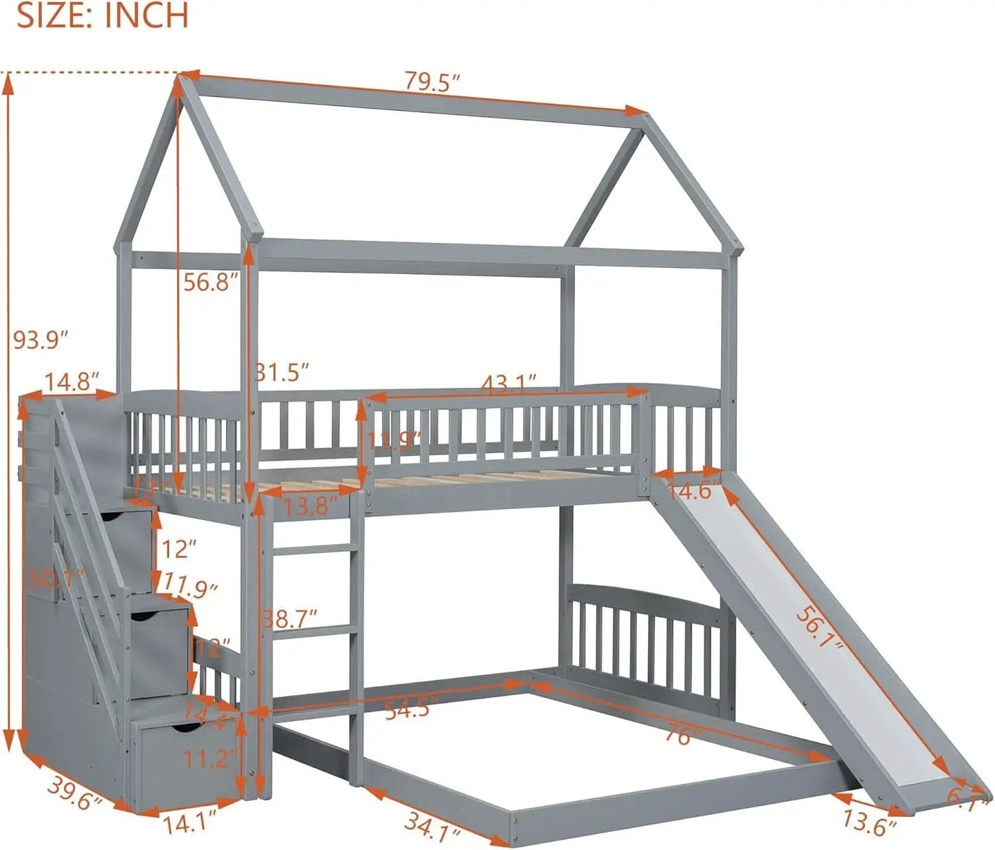 Gray Twin Loft Bunk Bed With Slide And Stairs Storage from PriceLows™