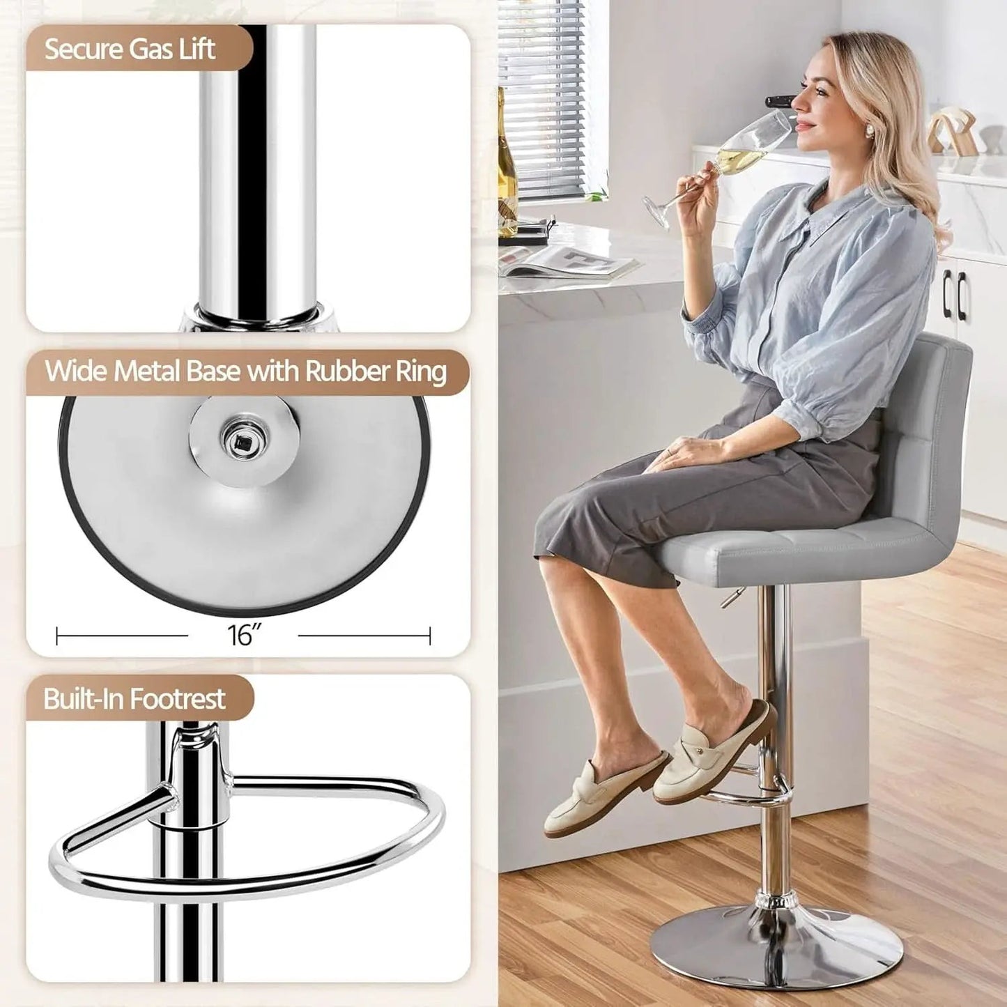 Bar Stools 2 Pack Adjustable Gray PU Leather Counter Height from PriceLows™