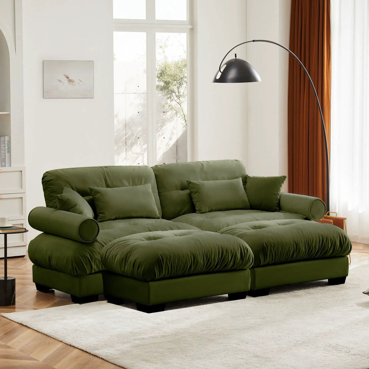Modular Sectional Sofa | Deep Comfort Cushions | Vintage Fabric Ottoman