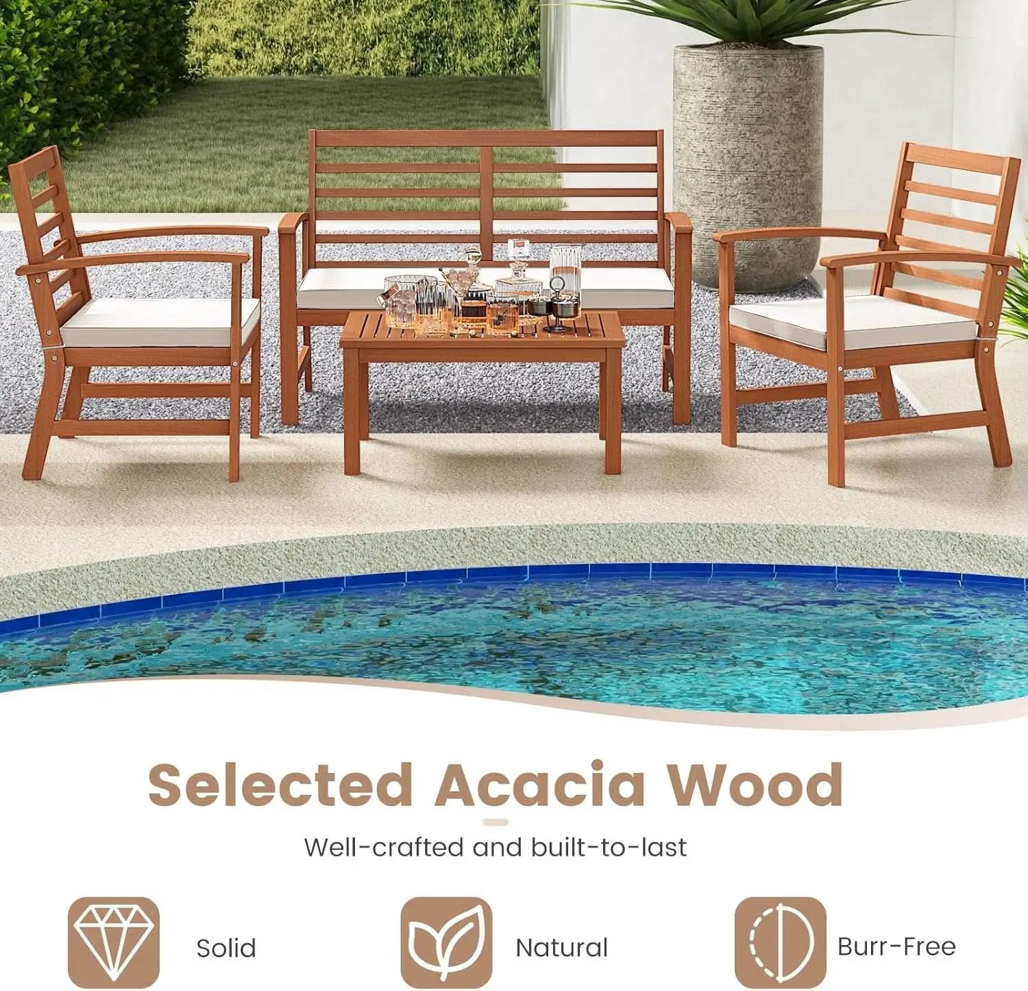 Acacia Wood Outdoor Conversation Set With Cushions White from PriceLows™