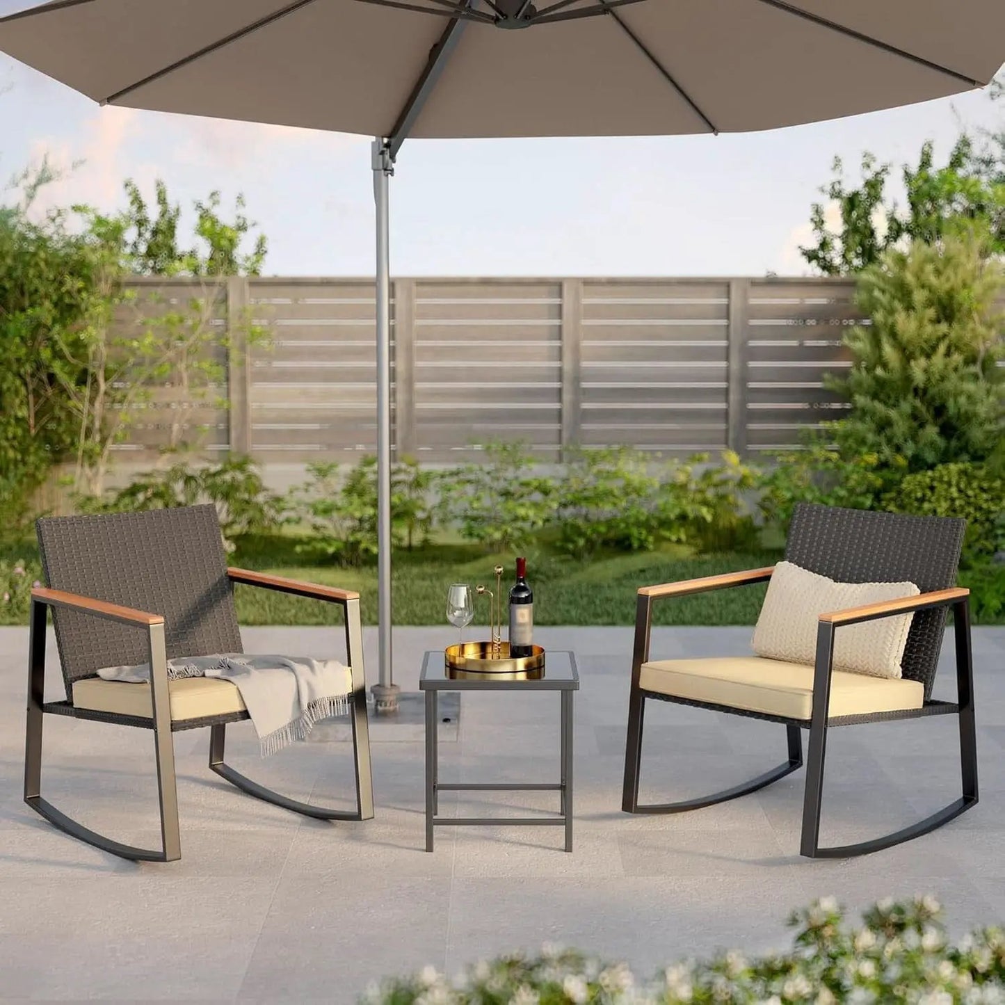3 Piece Rocking Patio Bistro Set With Anti Scald Armrests Glass Table Cushions Outdoor Wicker Furniture from PriceLows™