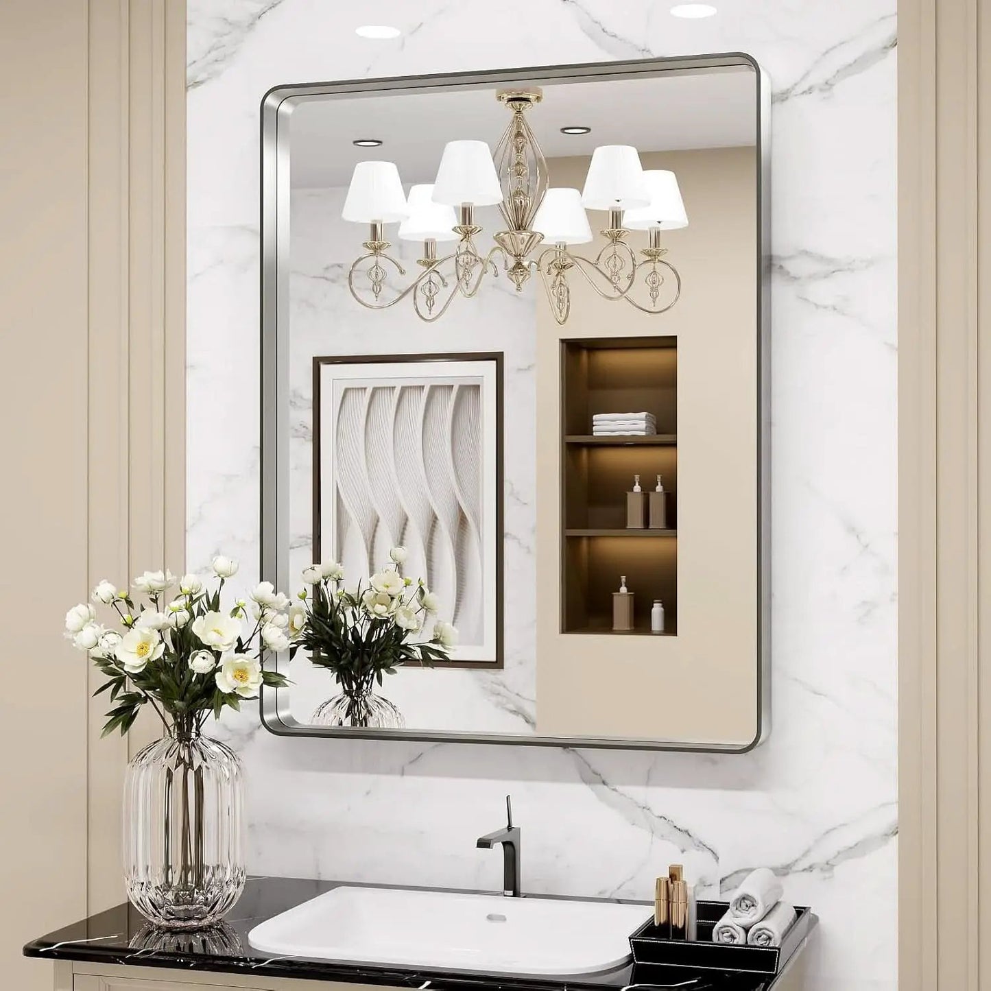 24 By 30 Inch Brushed Nickel Wall Mounted Bathroom Mirror Hangs Horizontally Or Vertically from PriceLows™