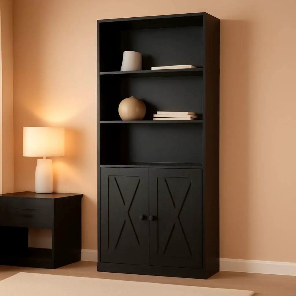 Industrial Black Floor Standing Bookcase With Doors from PriceLows™
