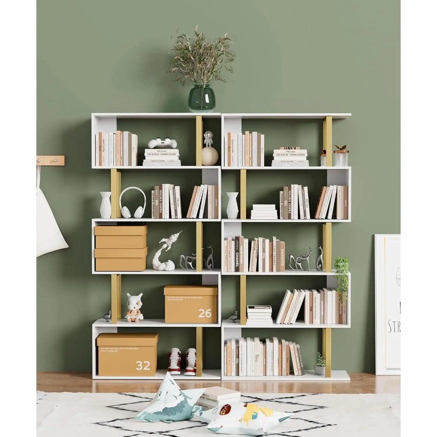 Gold 5 Tier S Shaped Wooden Bookcase For Living Room from PriceLows™