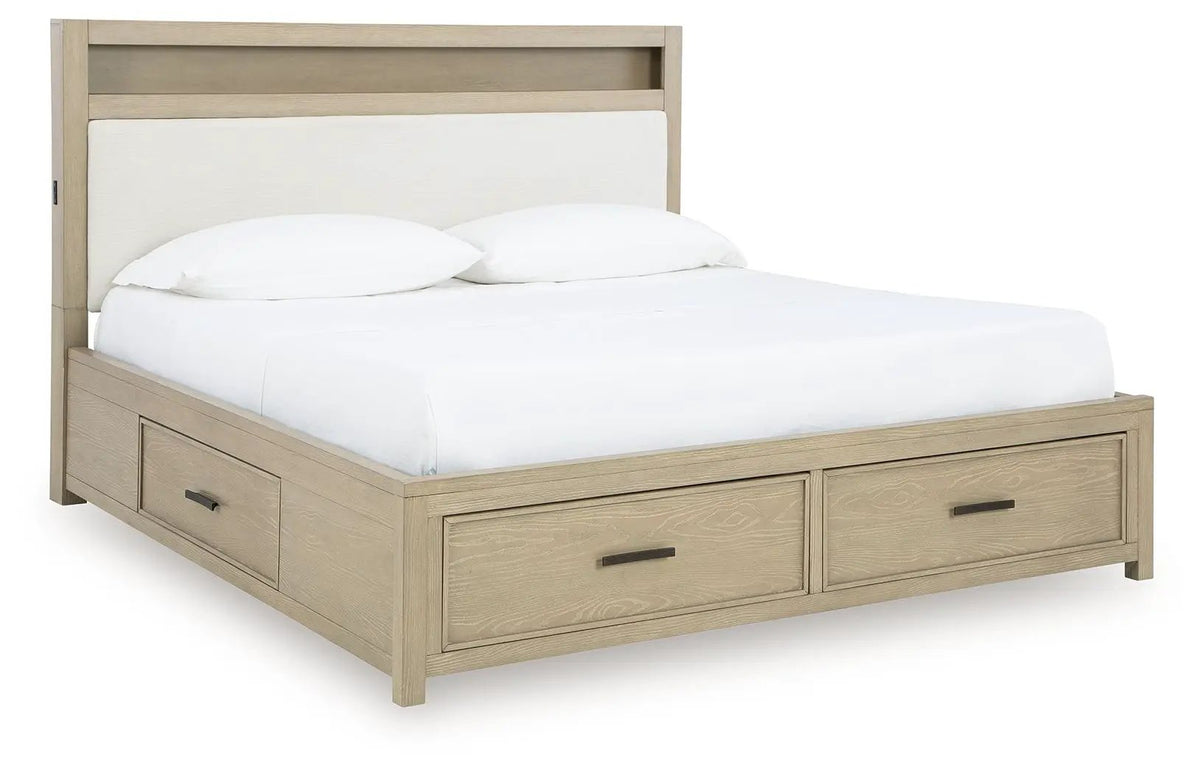 Calmoro Bookcase Storage Bed | Upholstered Panel Headboard | Gray Wash Finish | Warm Undertones