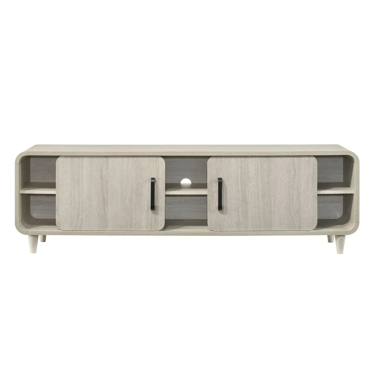 TV Stand With Sliding Doors | Mid-Century Modern | Antique White Finish | Open Shelves