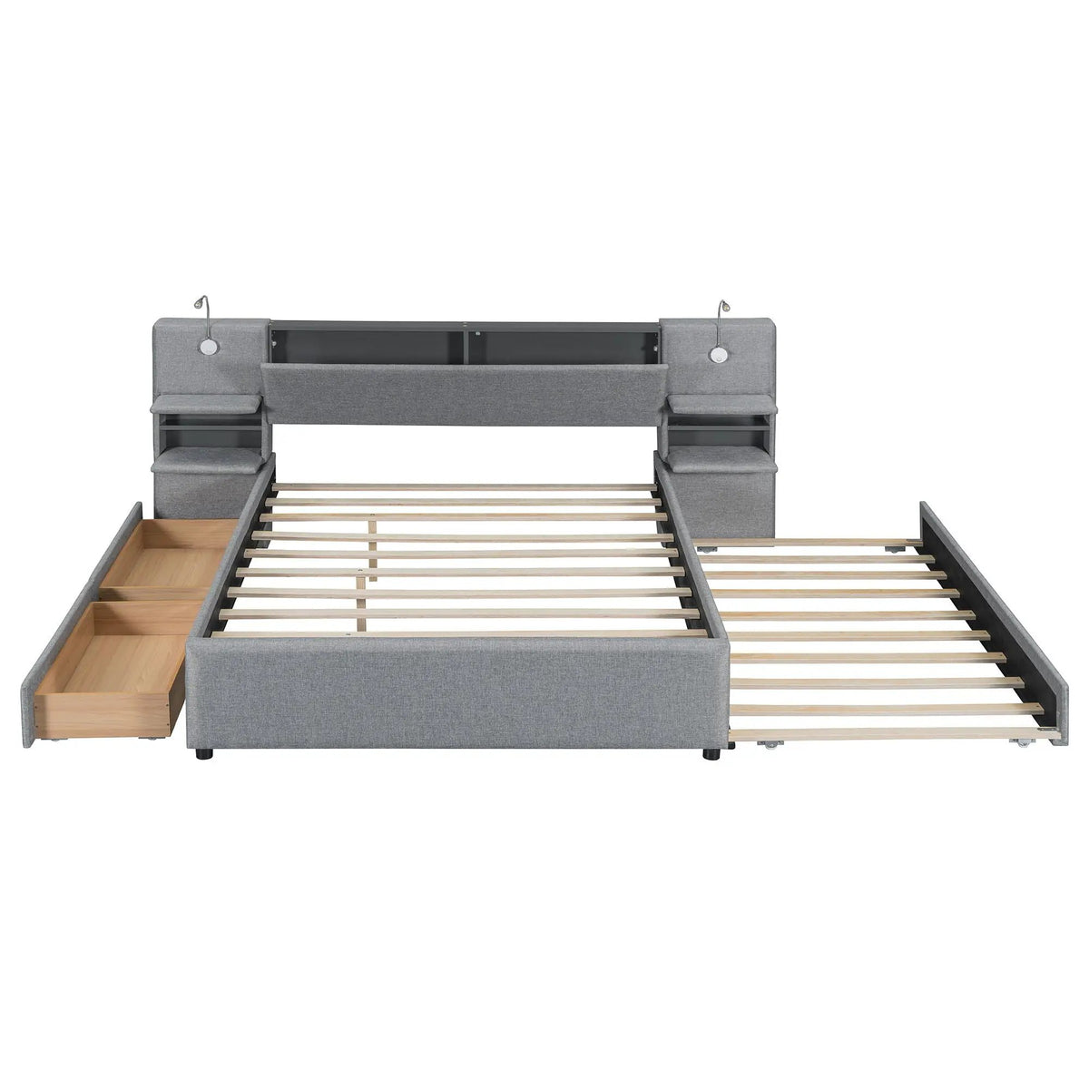 Upholstered Platform Bed | Reading Lights | Drawers And Trundle | Storage Shelves