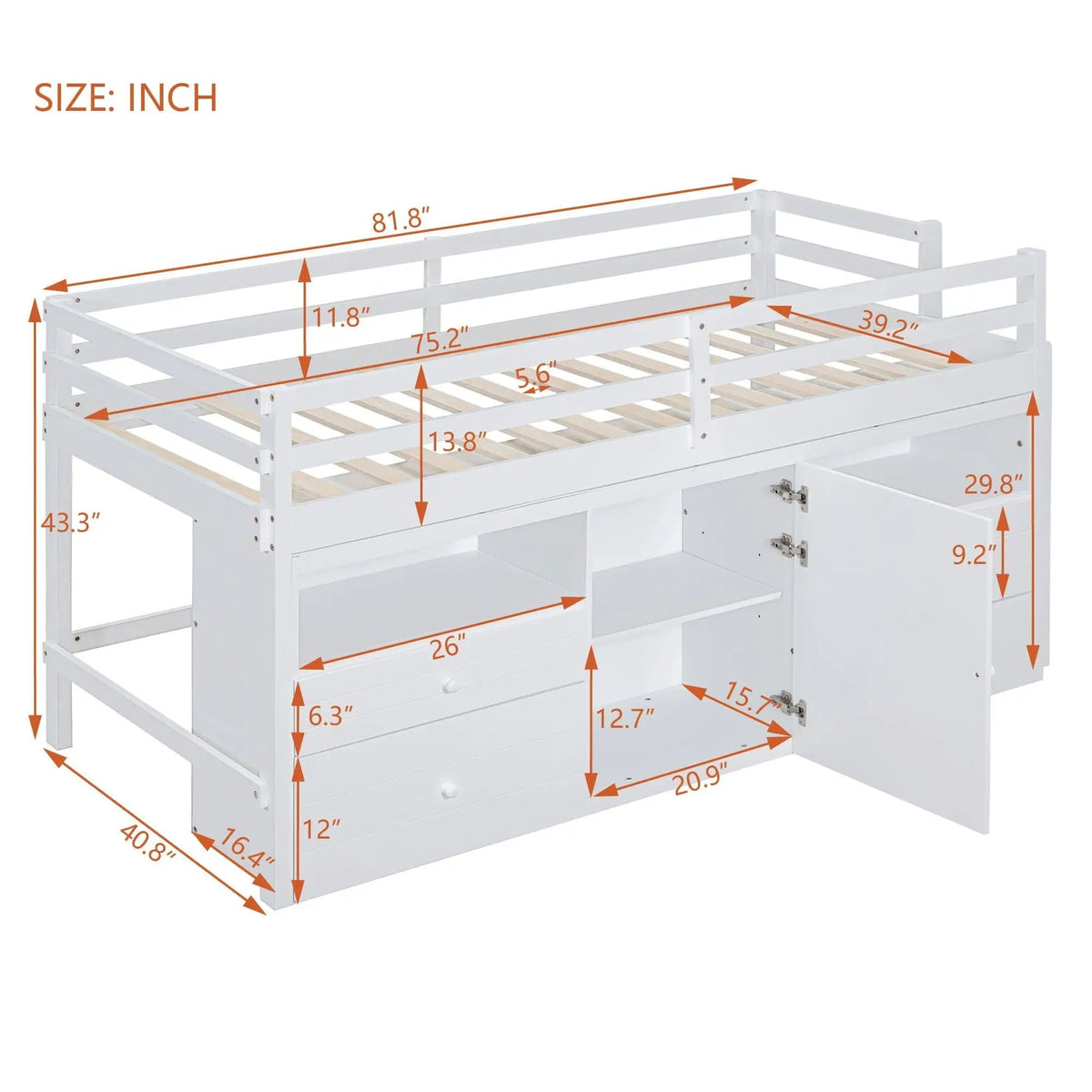 Loft Bed With 4 Drawers, Underneath Cabinet And Shelves | 81.8 x 40.8 x 43.3 in | Pine Wood | Bedroom