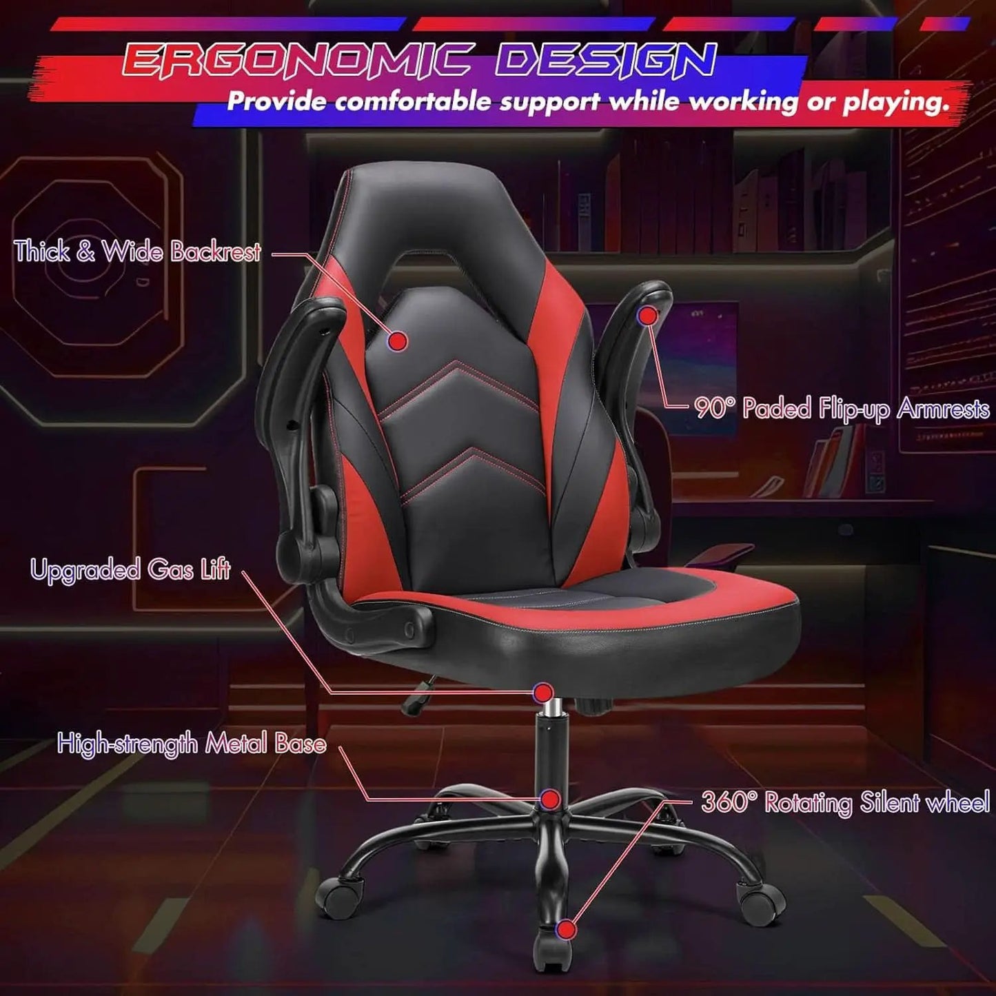Black Red Leather Gaming Chair With Flip Up Armrests from PriceLows™