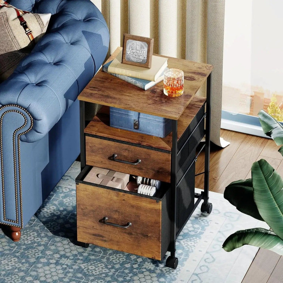 2 Drawer Mobile File Cabinet With Open Shelf Rolling Printer Stand For A4 Or Letter Size Files Rustic Brown Wood Grain from PriceLows™