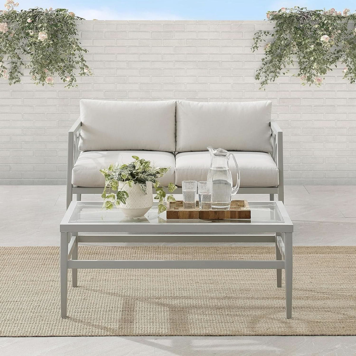 2 Piece Outdoor Coffee Table And Loveseat Set Gray Frame Creme Cushions from PriceLows™