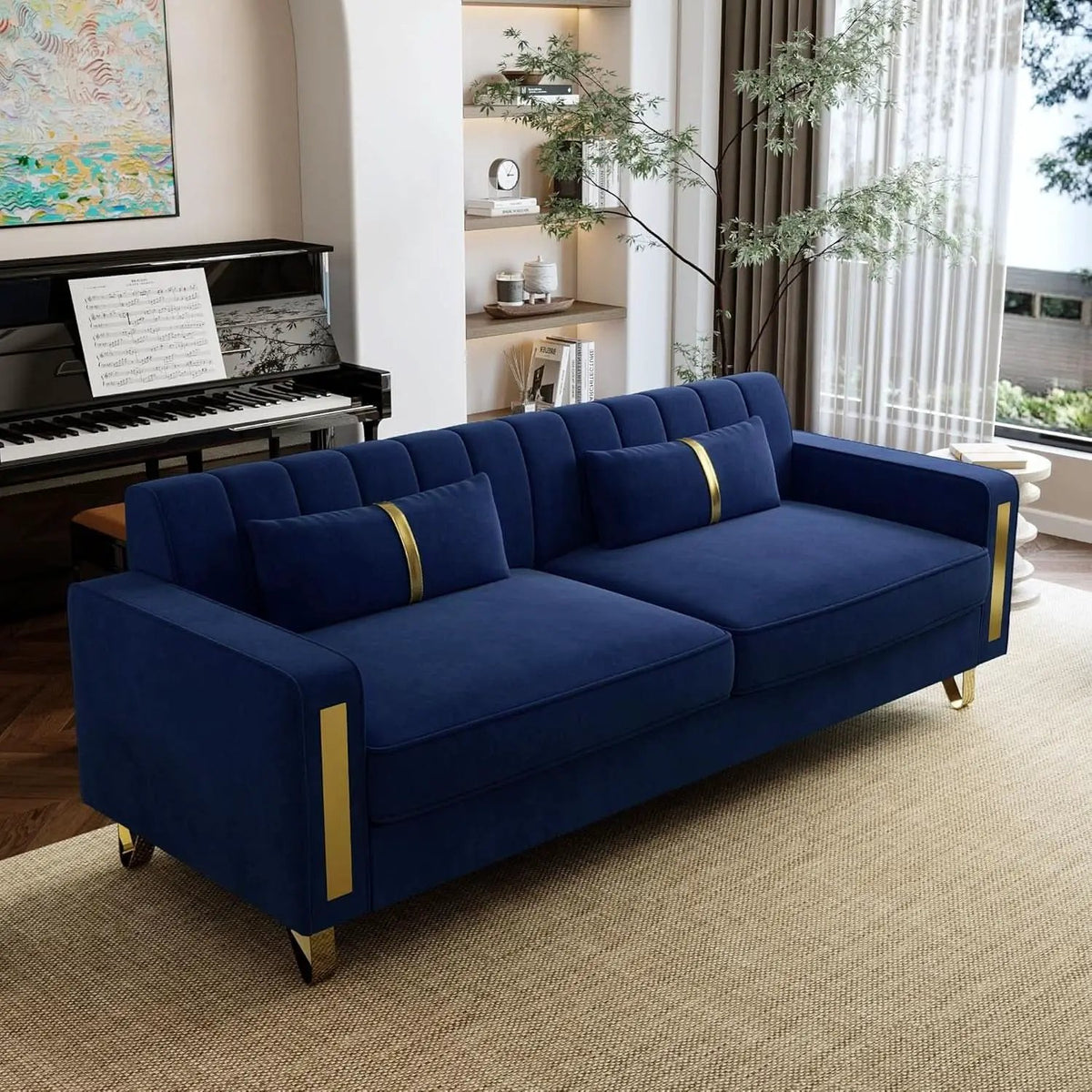 2 Piece Velvet Loveseat Sofa Set For Living Room 86 Inch Blue With Gold Metal Legs And 4 Pillows from PriceLows™