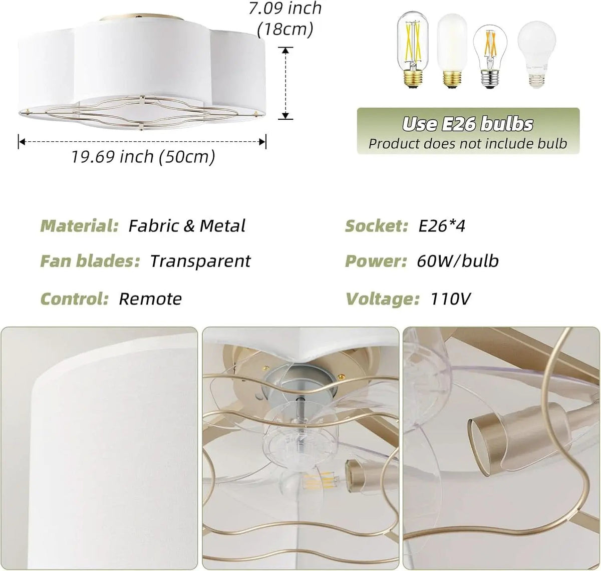 20 Inch Boho White Ceiling Fan With Light Remote Flush Mount from PriceLows™