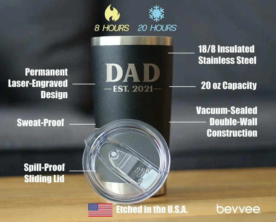 Insulated Coffee Tumbler | 20 oz Stainless Steel | Sliding Lid | Dad est. 2021 - Bold