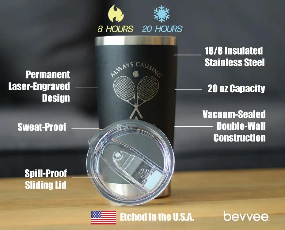 Causing A Racket Coffee Tumbler | 20 Oz Double Wall Stainless Steel | Sliding Lid | Funny Tennis Themed Gifts