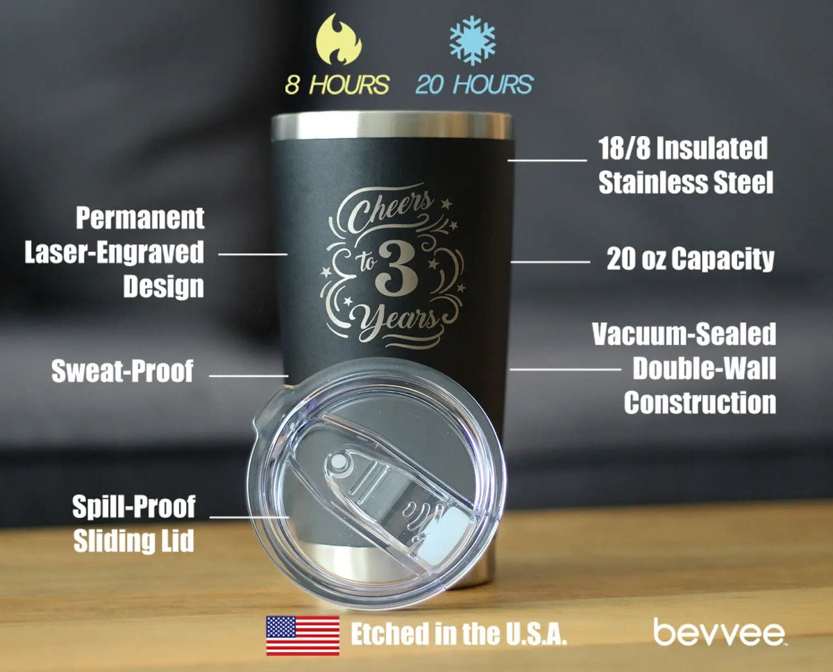 Cheers to 3 Years Coffee Tumbler | 20 Oz Double Wall Stainless Steel | Sliding Lid | 3rd Anniversary Gifts and Party Decor