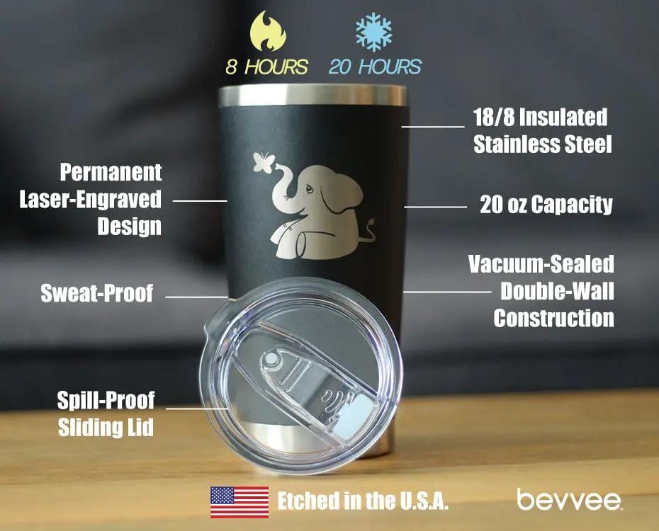 Insulated Coffee Tumbler | 20 oz Stainless Steel | Sliding Lid | Elephant