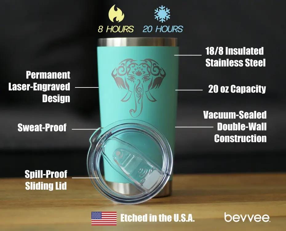 Insulated Coffee Tumbler | 20 oz Stainless Steel | Sliding Lid | Elephant Boho