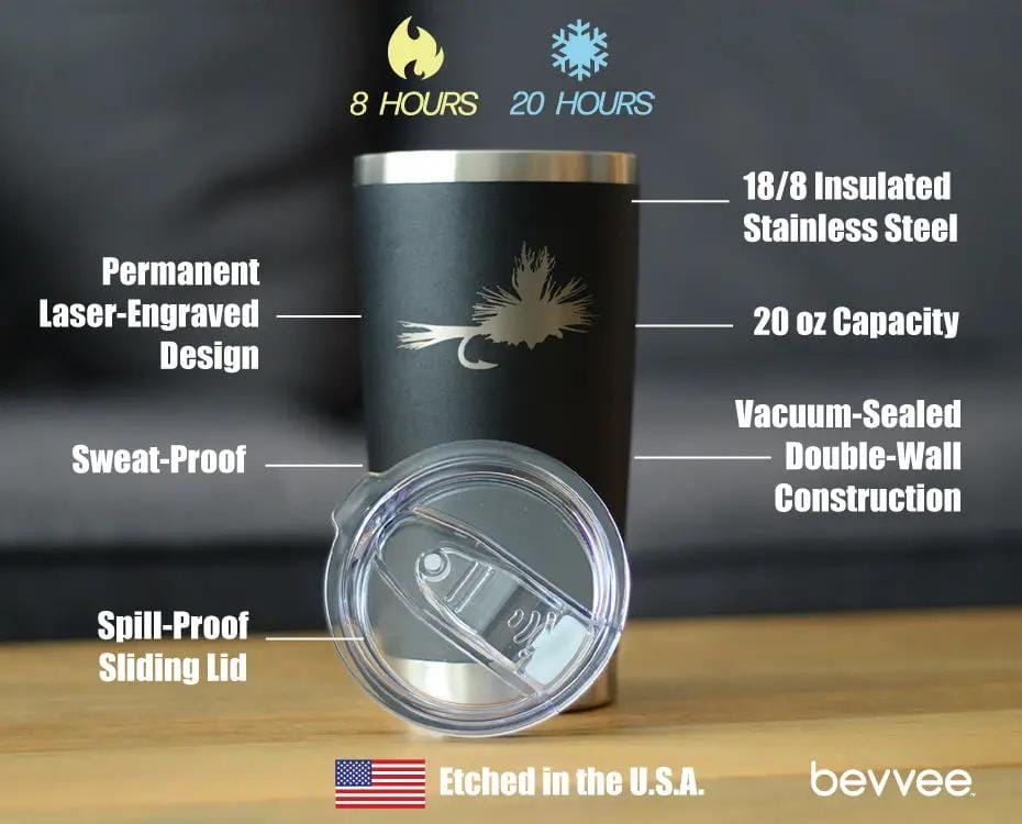 Insulated Coffee Tumbler | 20 oz Stainless Steel | Sliding Lid | Fishing Fly