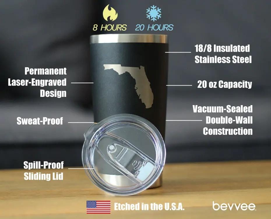 Insulated Coffee Tumbler | 20 oz Stainless Steel | Sliding Lid | Florida State Outline