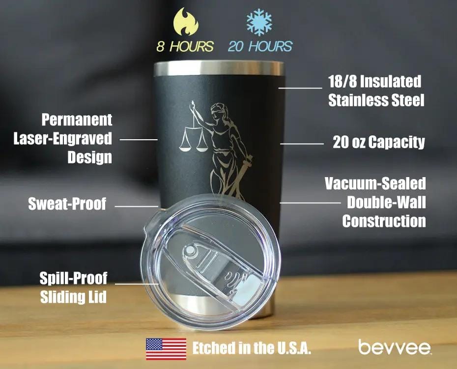 Insulated Coffee Tumbler | 20 oz Stainless Steel | Sliding Lid | Lady Justice